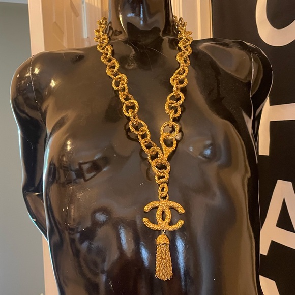 Rare CHANEL chunky lariat vintage 24k plated necklace with tassel - Picture 8 of 15